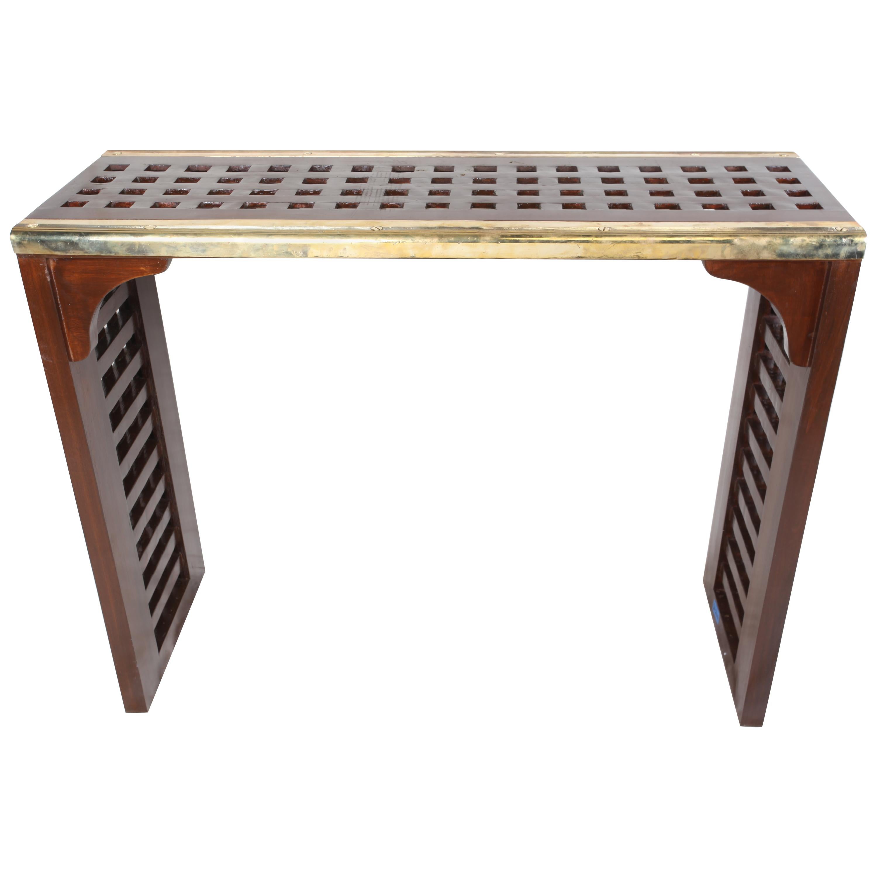 Ship Teak Decking Console Table with Brass Border by Deborah Lockhart Phillips