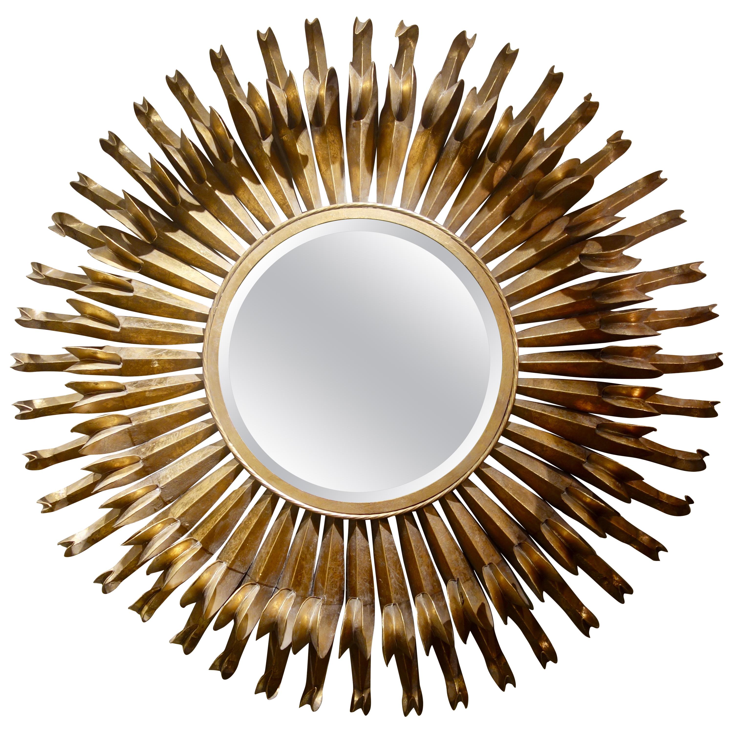Large Spanish Gilt Metal Brutalist Eyelash Circular Mirror