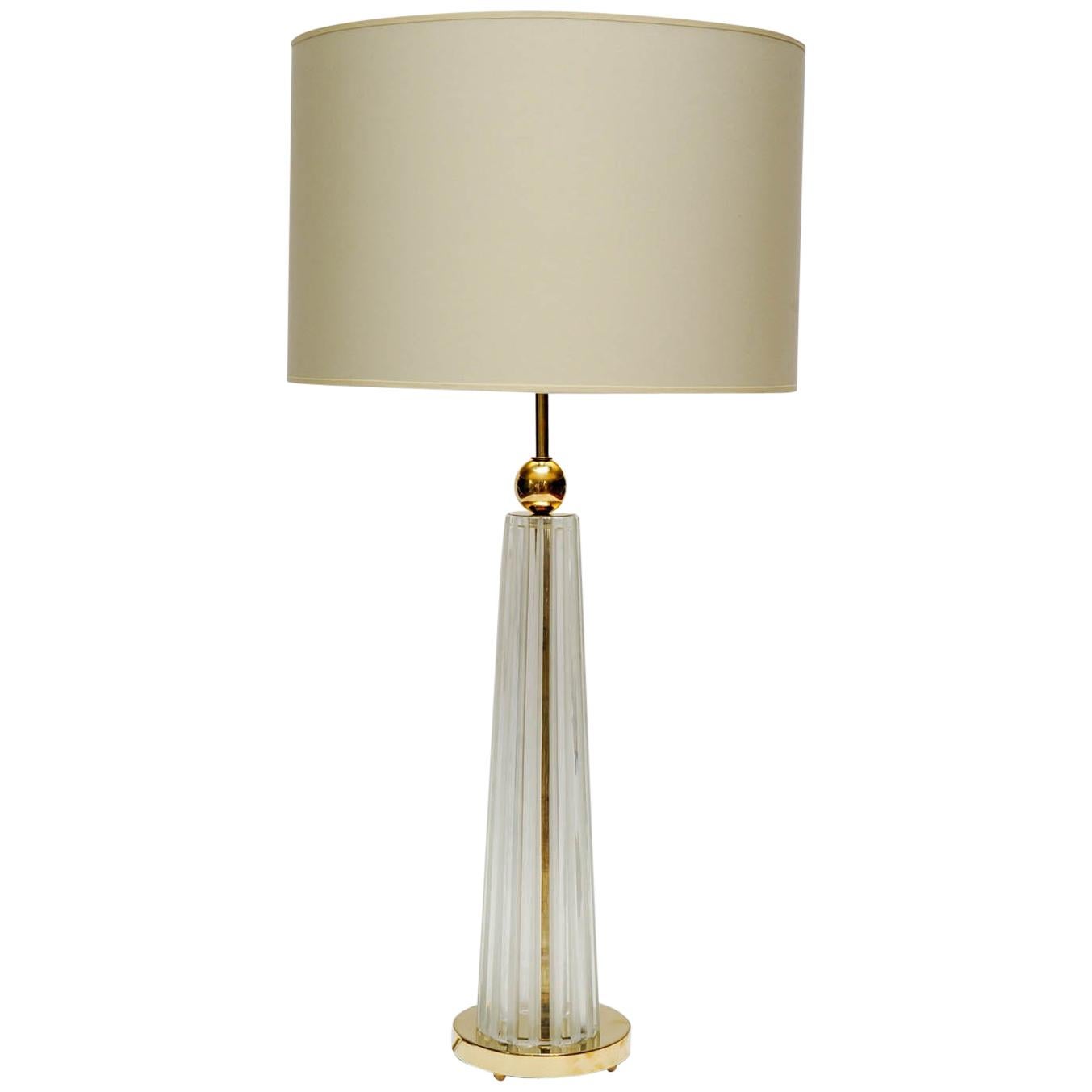 Pair of Brass and Clear Ridged Murano Glass Table Lamps