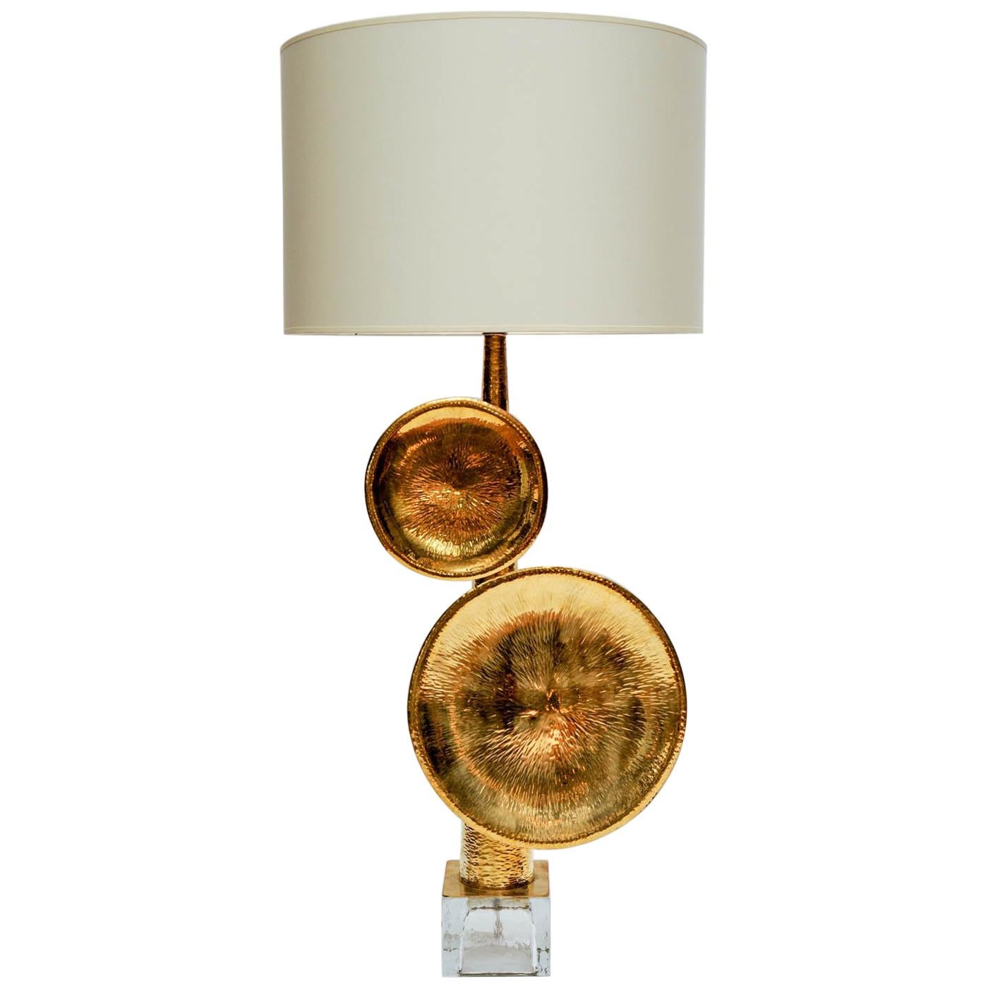 Pair of Hammered Brass and Murano Glass Table Lamps