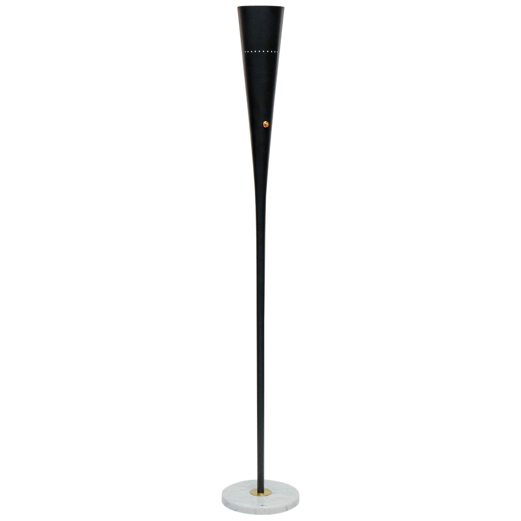 Pair of Black Metal Floor Lamps with Marble Feet and Brass Accents