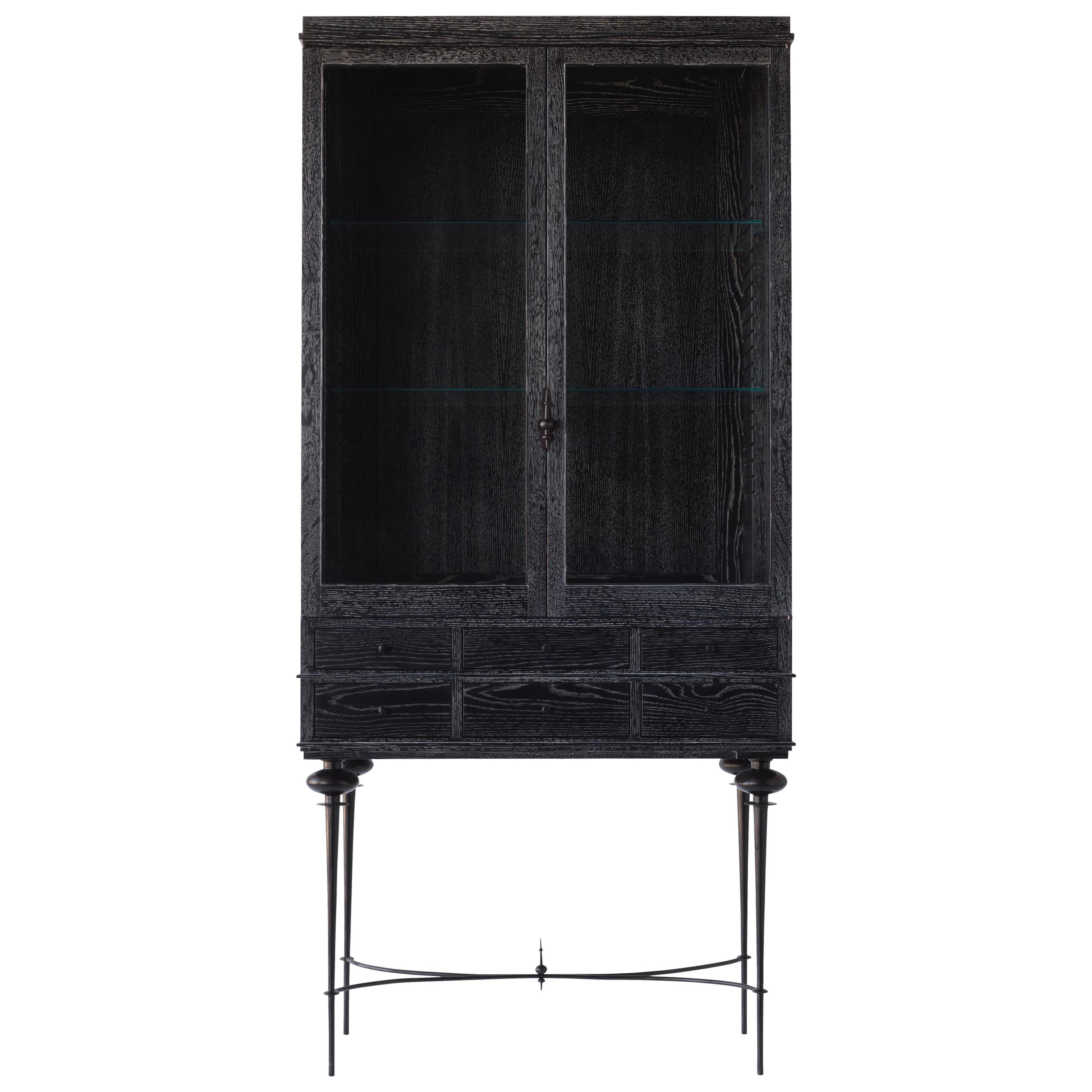 Contemporary Curio Cabinet in Cerused Rift Sawn Oak with Hand Cast Bonze Base For Sale