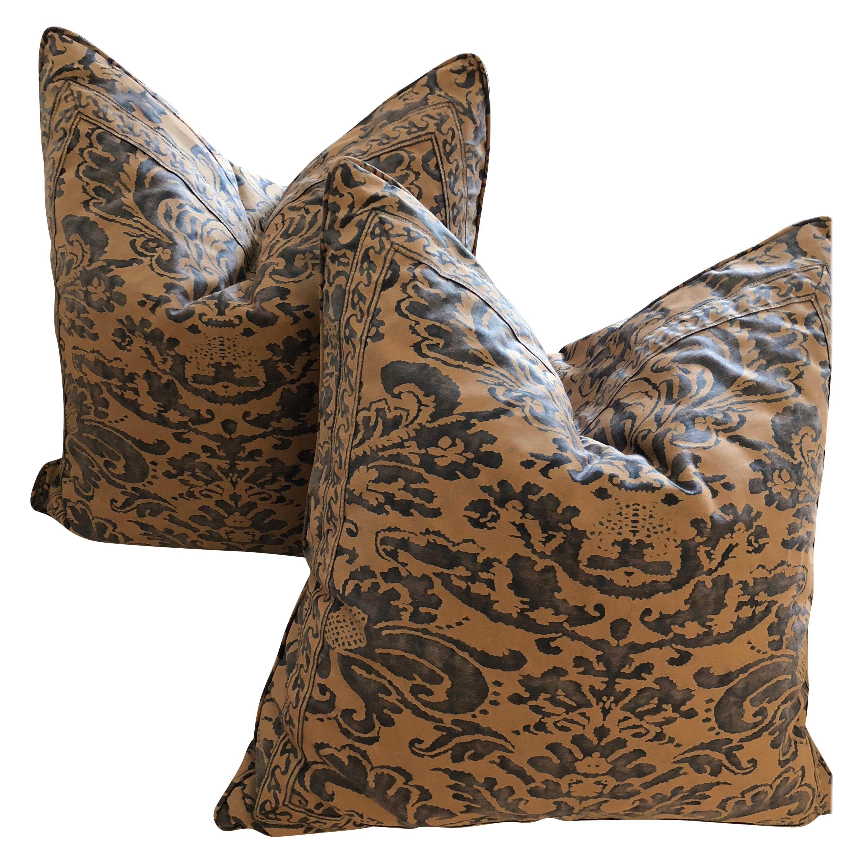 Pair of Blue and Taupe Fortuny Cushions in the "CORONE" pattern