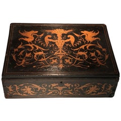 Unusual Antique Inlaid Rosewood and Ebony Box with Exquisite Detail
