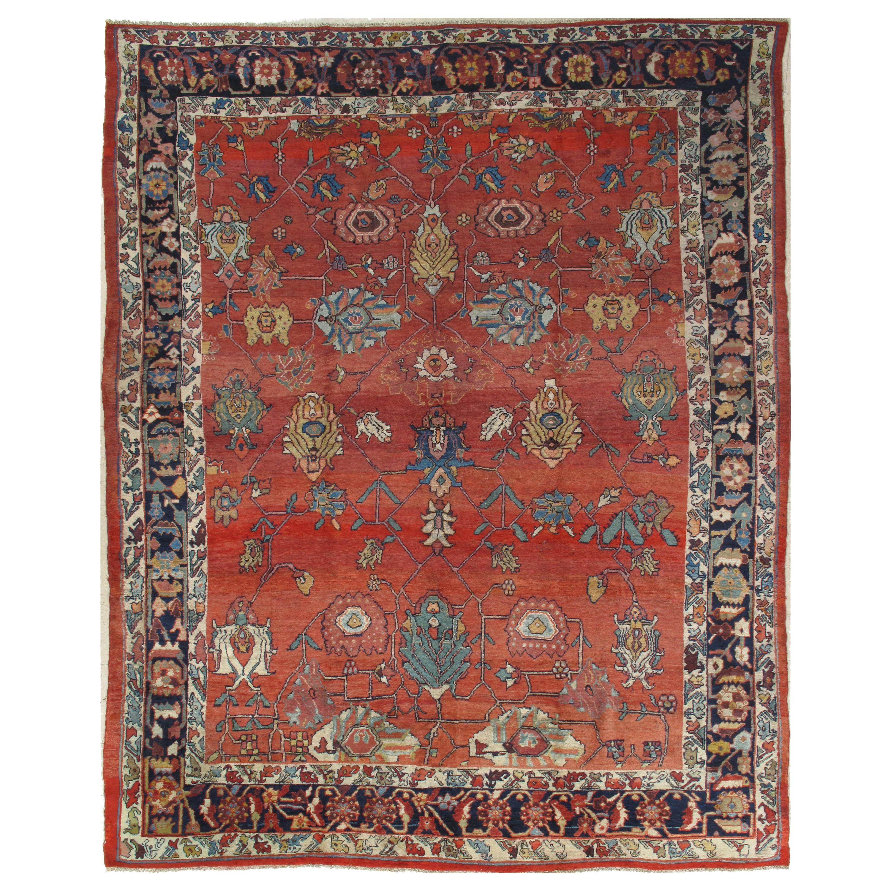 Antique North West Persian Carpet, Handmade Rust Red, Navy, Wool, Allover Design For Sale