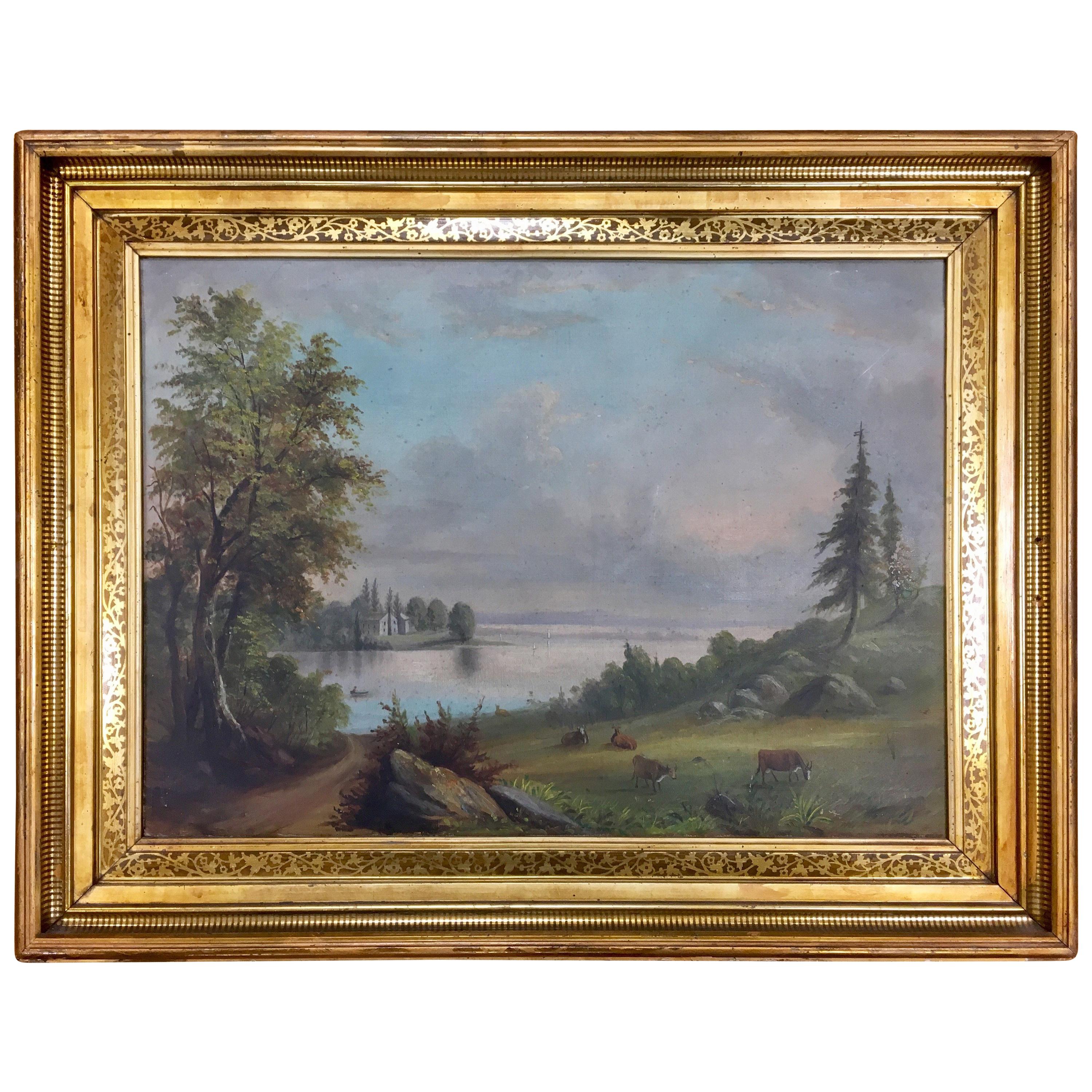 Original Antique Pastoral Hudson River Scene Oil Painting