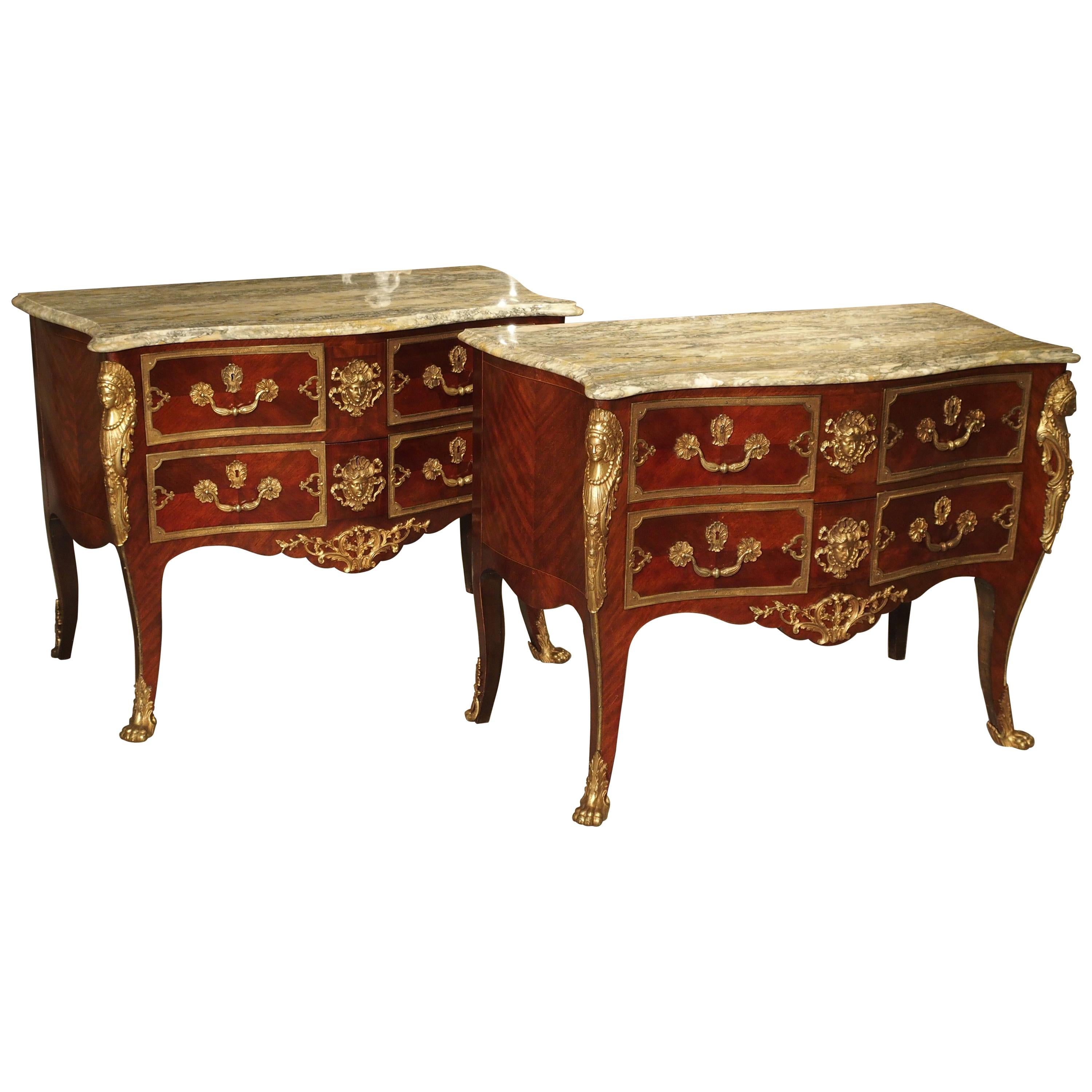Pair of Early 1900s Mahogany and Gilt Bronze Mounted Louis XV Style Commodes