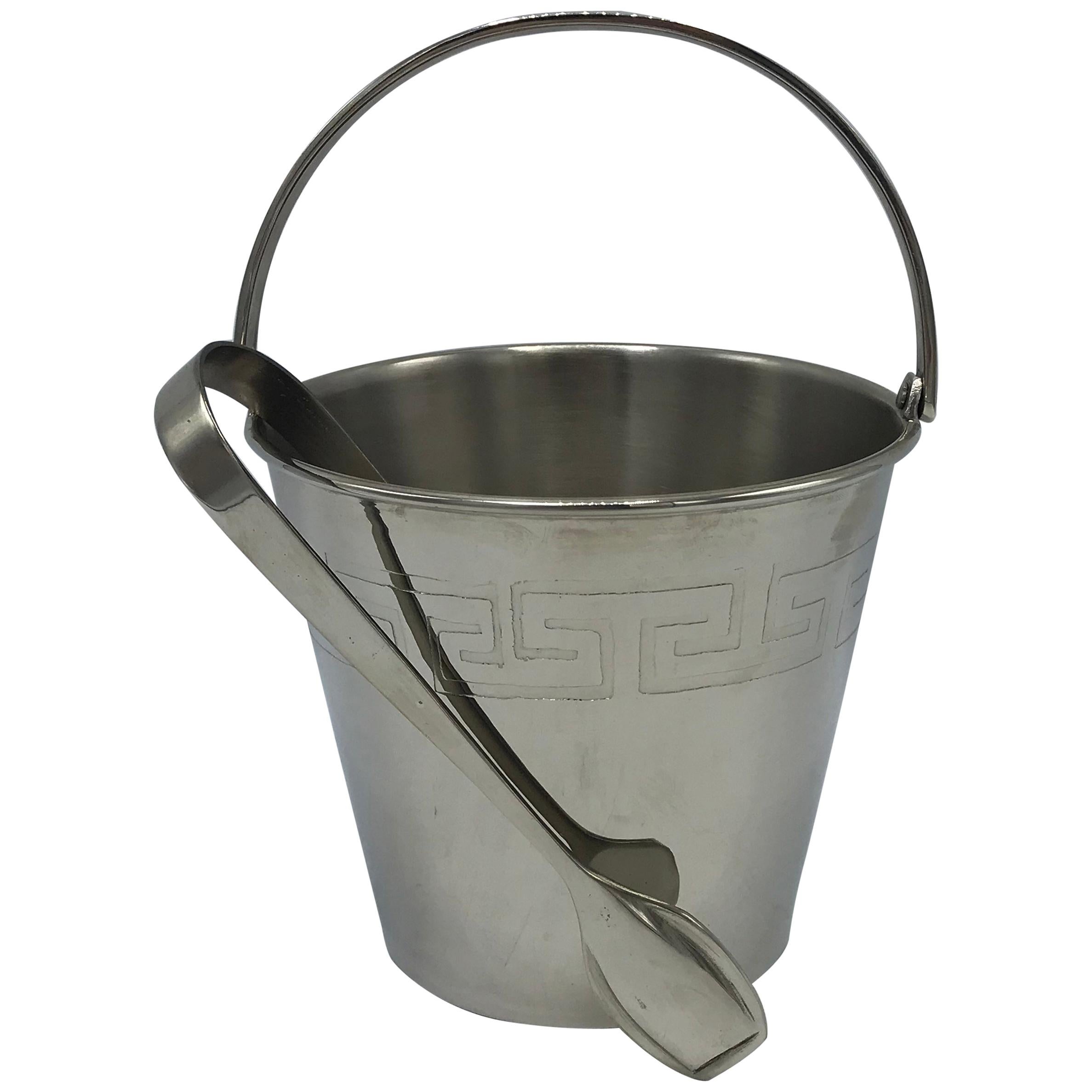 1970s Chrome Ice Bucket and Tongs with Greek Key Motif For Sale