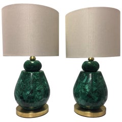 Pair of Brass and Malachite Veneered Lamps with Shades