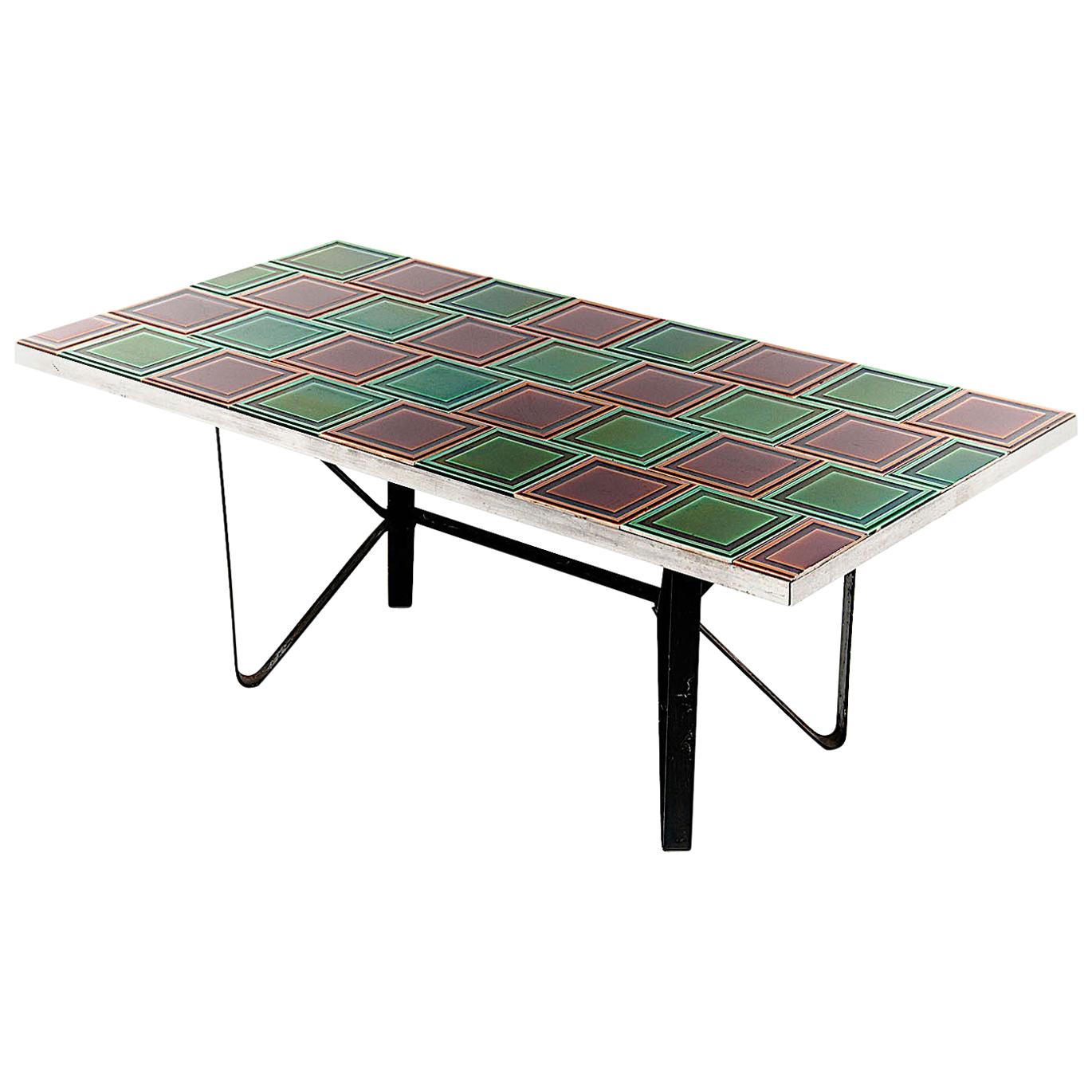 Ceramic Coffe Table, Green and Brown, 1960 in the Style of Jeannette Laveirrière