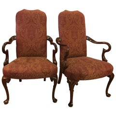 Mahogany Gooseneck Armchairs Paisley Fabric, Pair