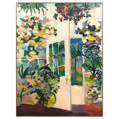 Used Original Midcentury Large Oil on Canvas Signed Painting of Flowers in Sunroom
