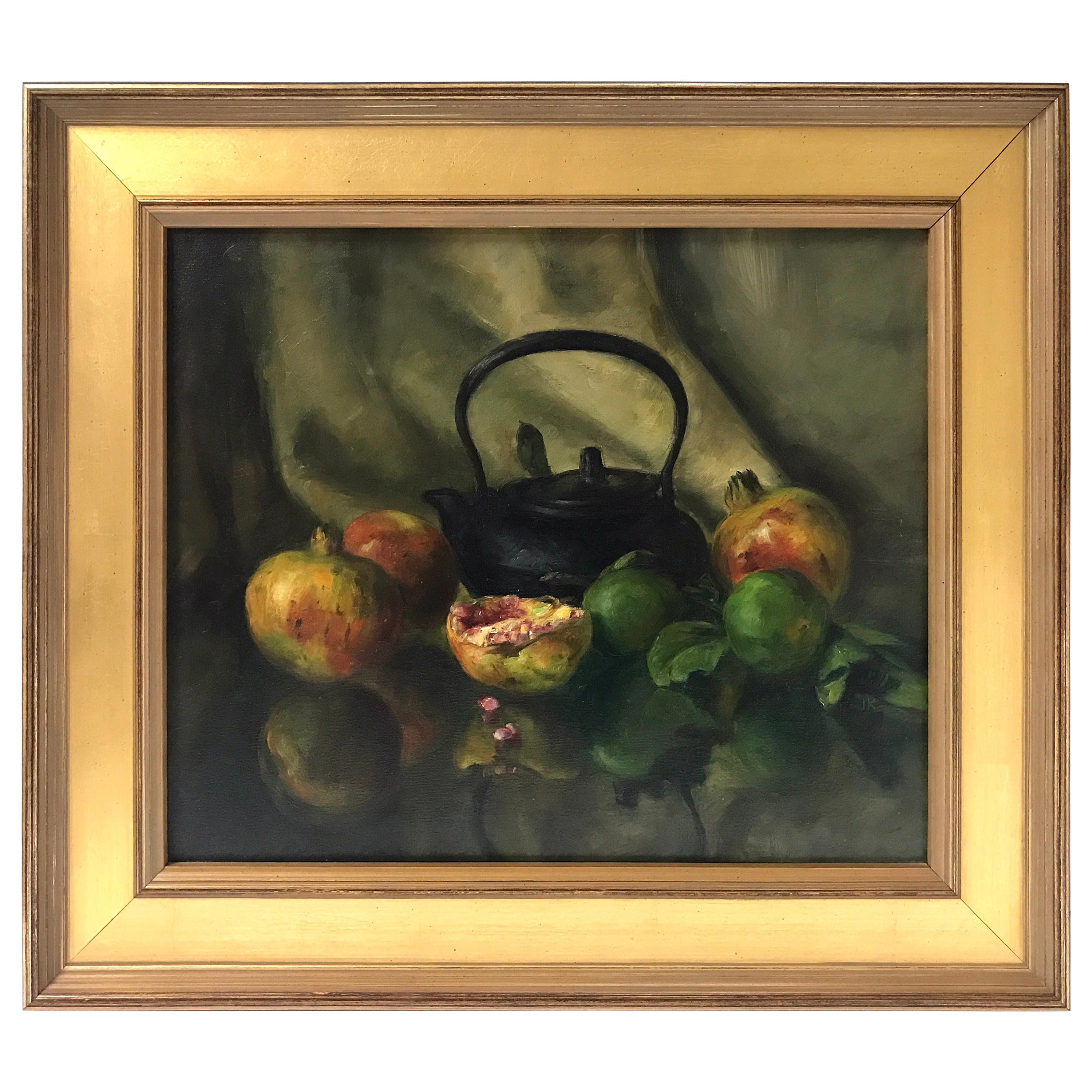 Black Teapot and Pomegranates Still Life Oil Painting