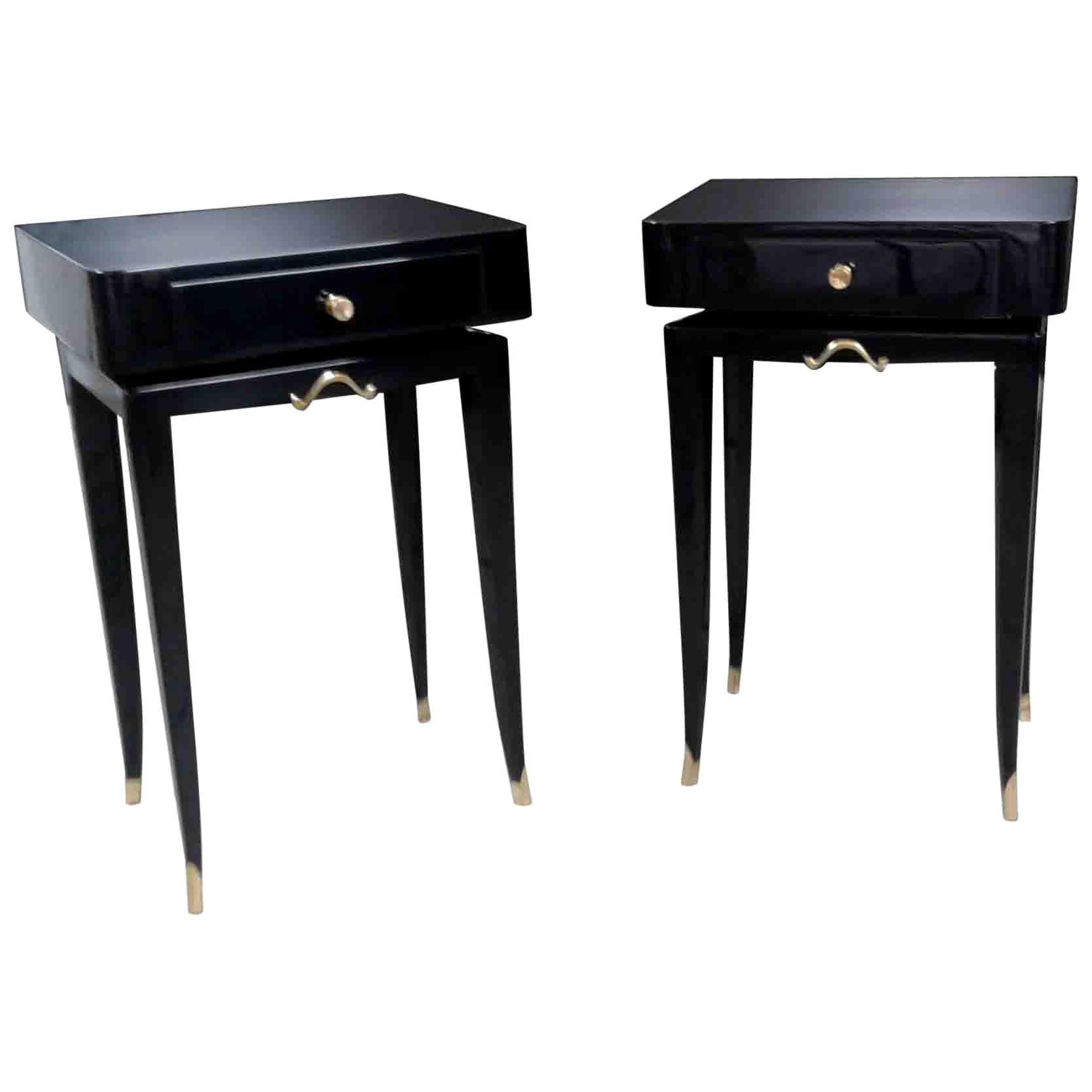 Pair of Bedside or Sofa End Tables in Black Lacquer by M. Rinck