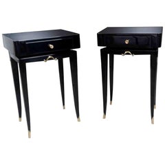 Vintage Pair of Bedside or Sofa End Tables in Black Lacquer by M. Rinck