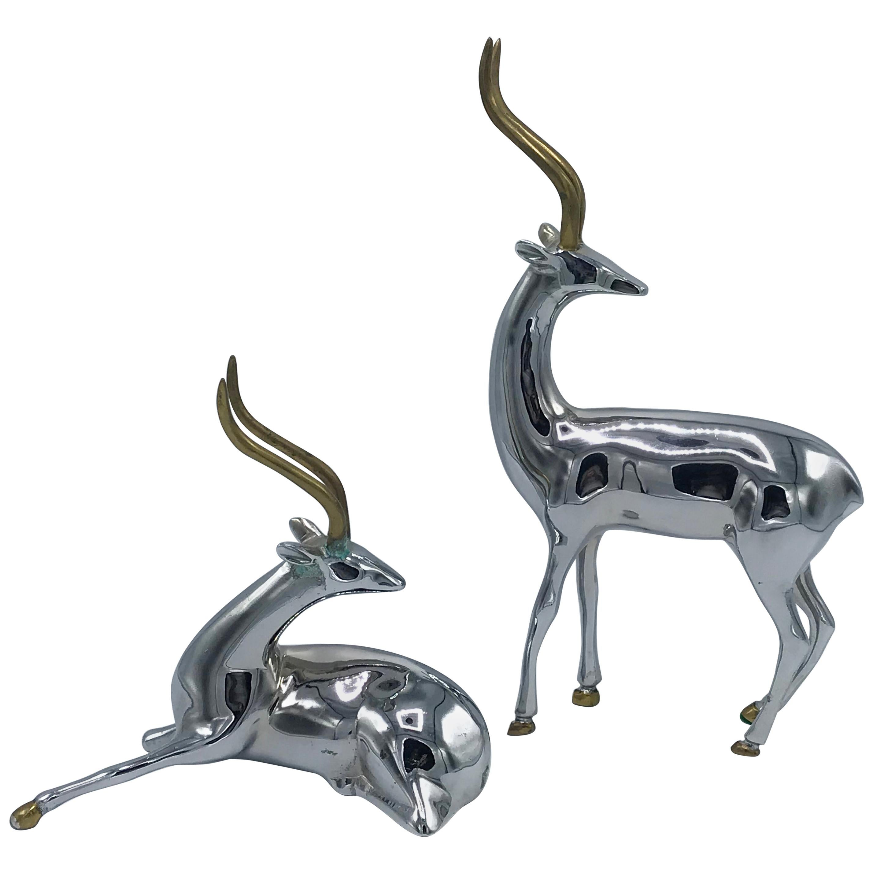 1960s Chrome and Brass Gazelle Sculptures, Pair For Sale