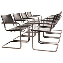 1970s Set of Eight Tubular Steel and Leather Dining Chairs by Matteo Grassi