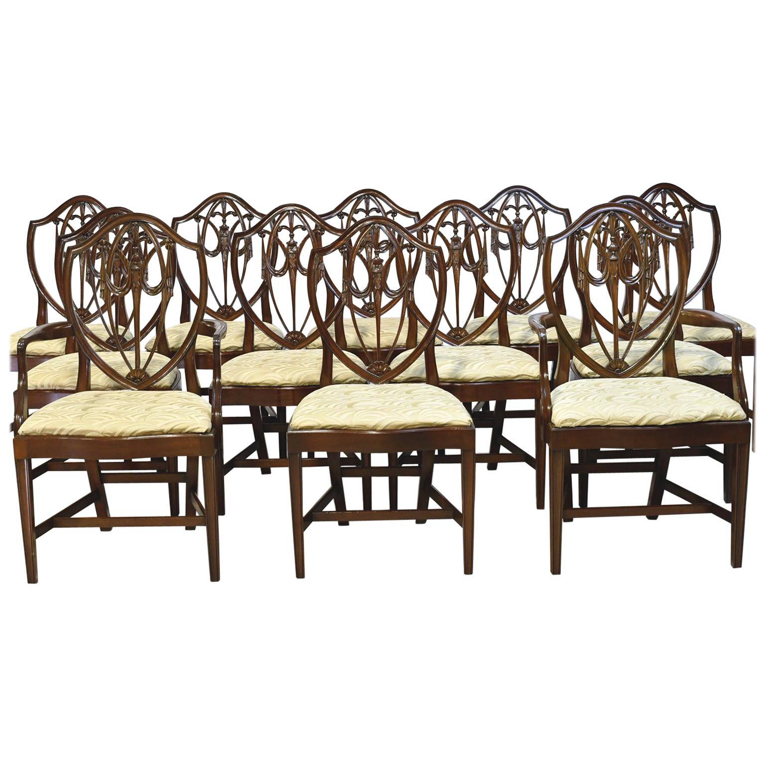 Set of 12 Hepplewhite-Style Shield-Back Dining Chairs with Upholstered Slip Seat