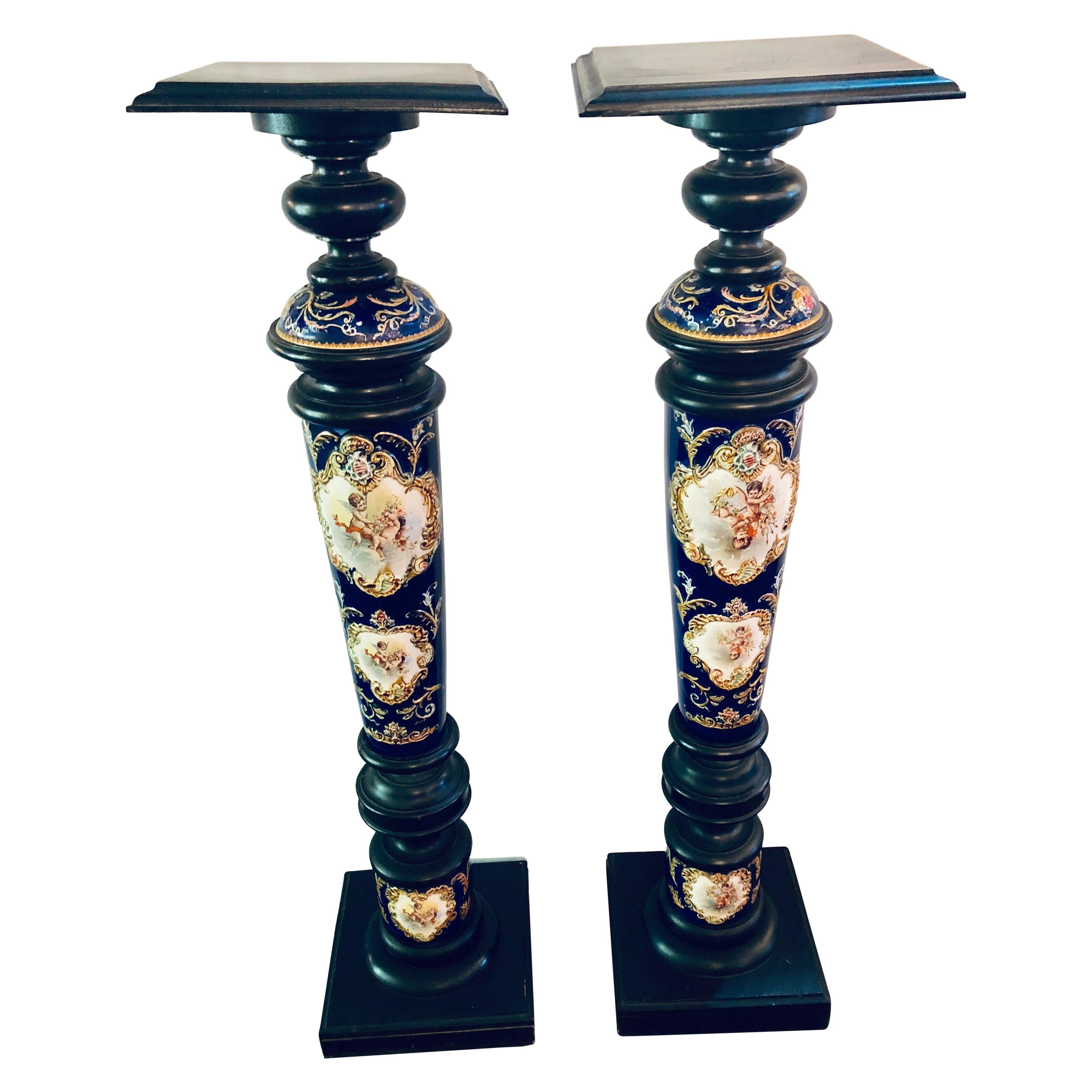 Pair of Royal Vienna Style Porcelain and Ebony Column Pedestals
