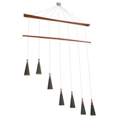 Midcentury Teak and Metal Seven Pendant Lighting Fixture, Denmark, 1960s