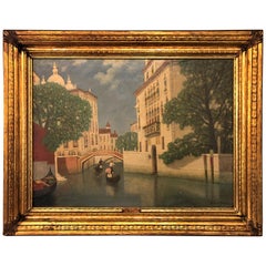 Used Gulbrandt Sether Signed Norwegian American Oil on Canvas of a Venice Canal