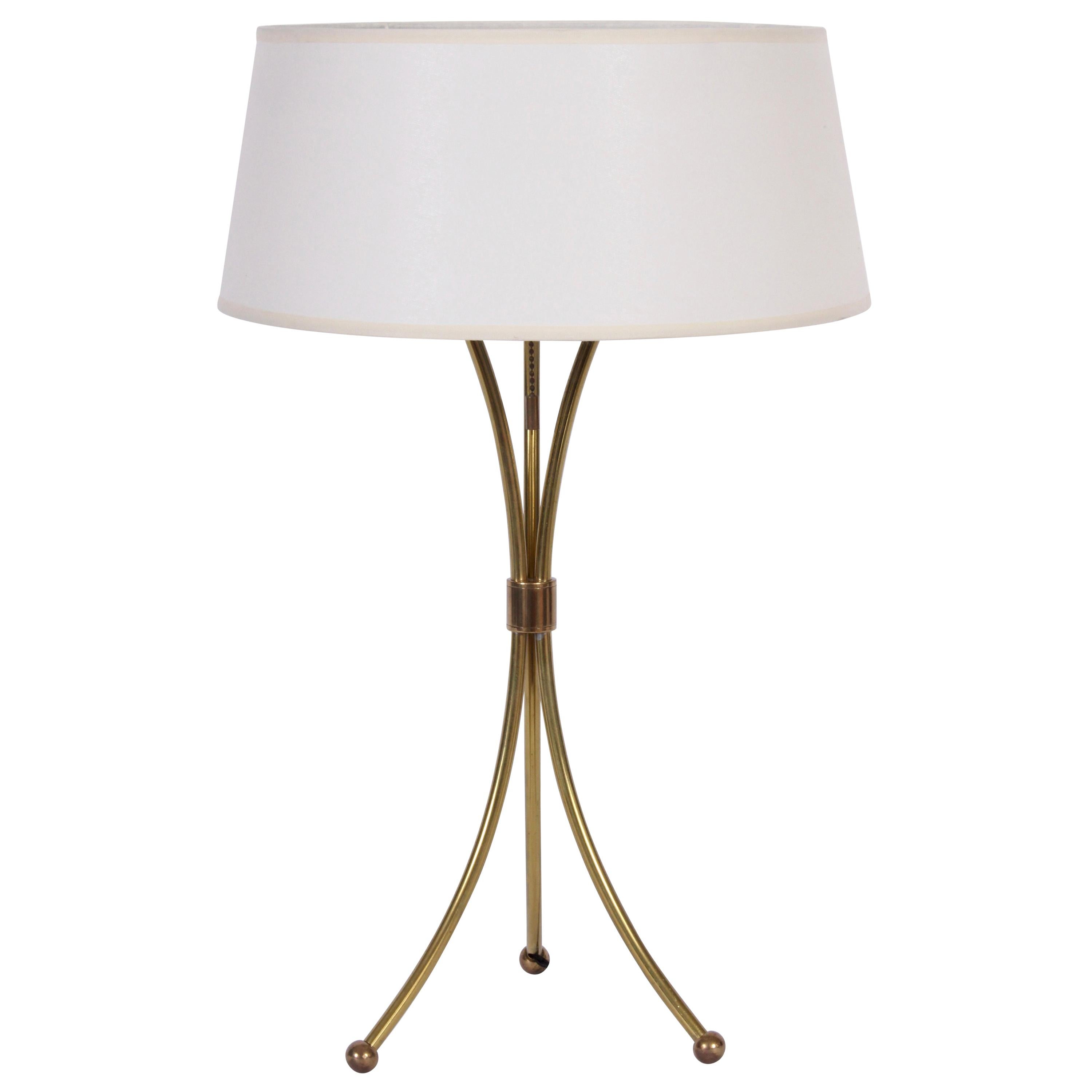 Gerald Thurston Curved Brass Tripod Table Lamp with White Shade, circa 1950