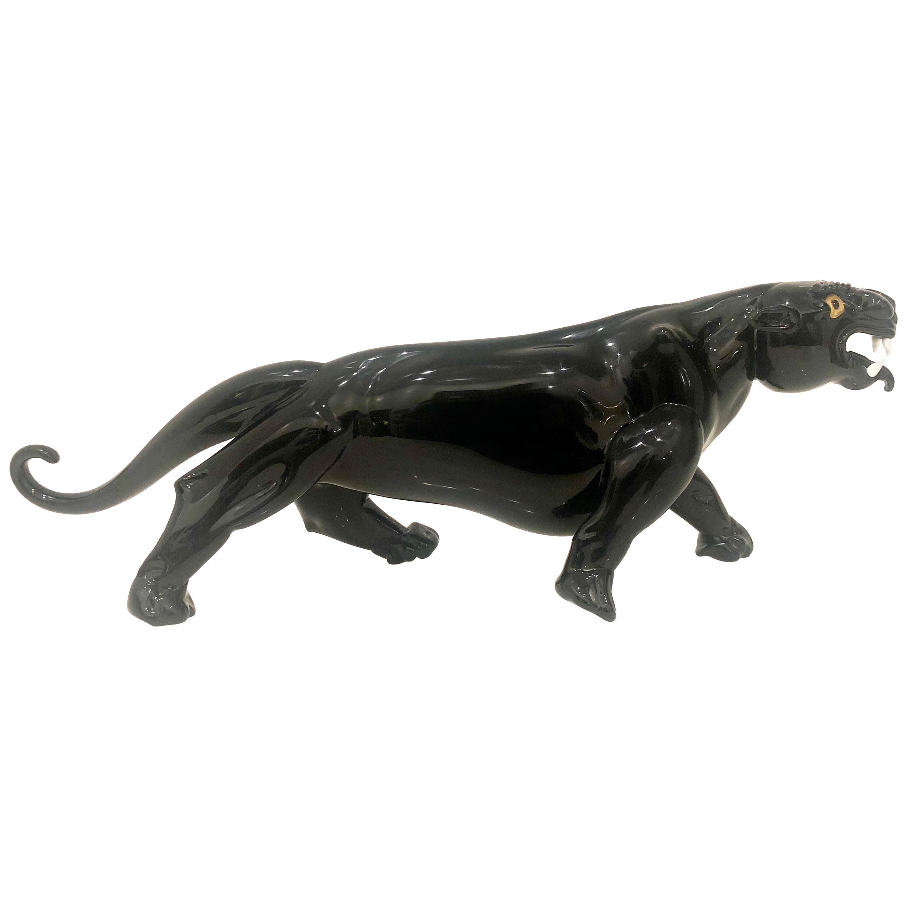 Striking Black Panther Murano Glass Sculpture Attributed to Romano Dona