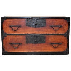 Meiji Japanese Low Tansu Chest, Crane Bamboo Hardware