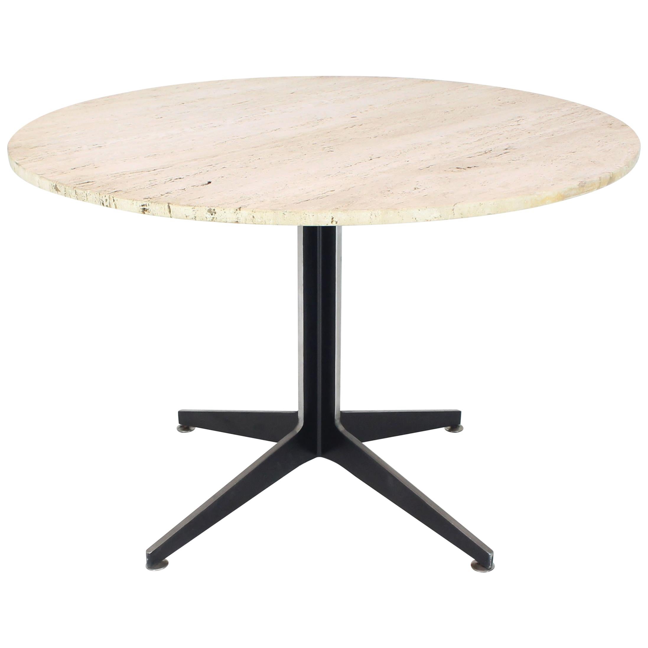 Round Travertine Top Fabricated Aluminium X-Base Cafe Dining Table