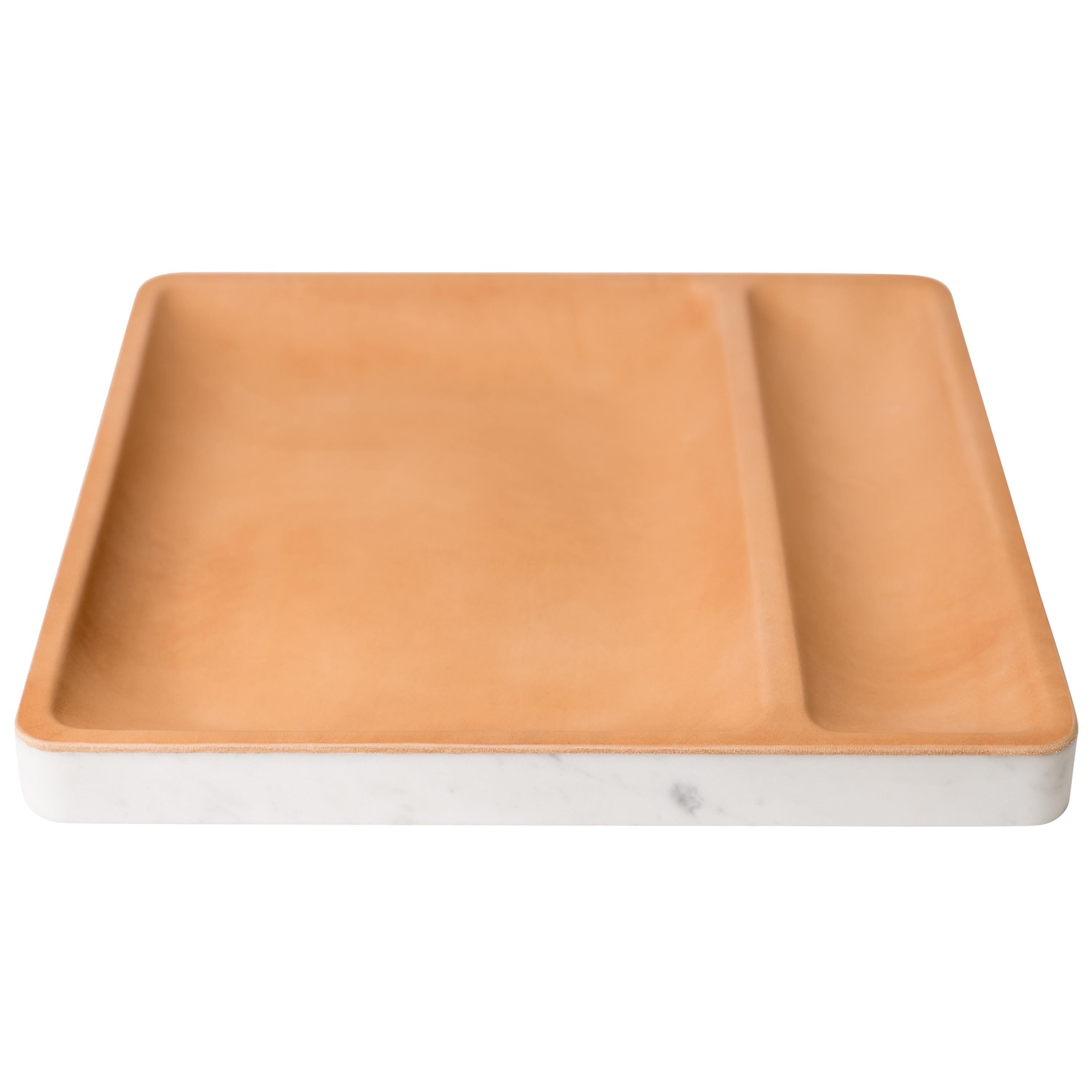 Draft Tray: Straight, Marble and Leather table top valet tray For Sale