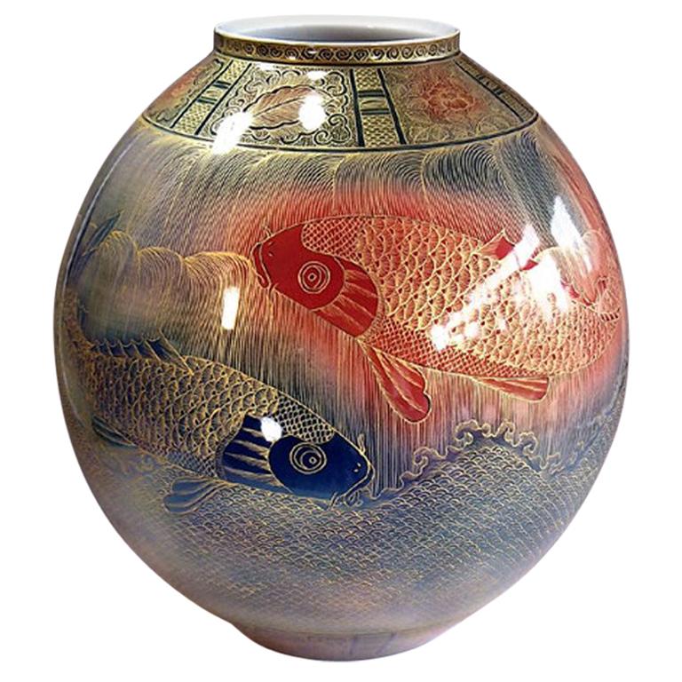 Large Red Blue Hand Painted Porcelain Vase by Japanese Master Artist
