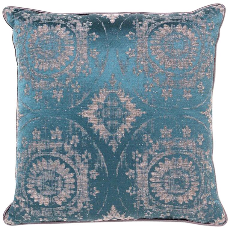 Brabbu Mandala Pillow in Blue Linen For Sale