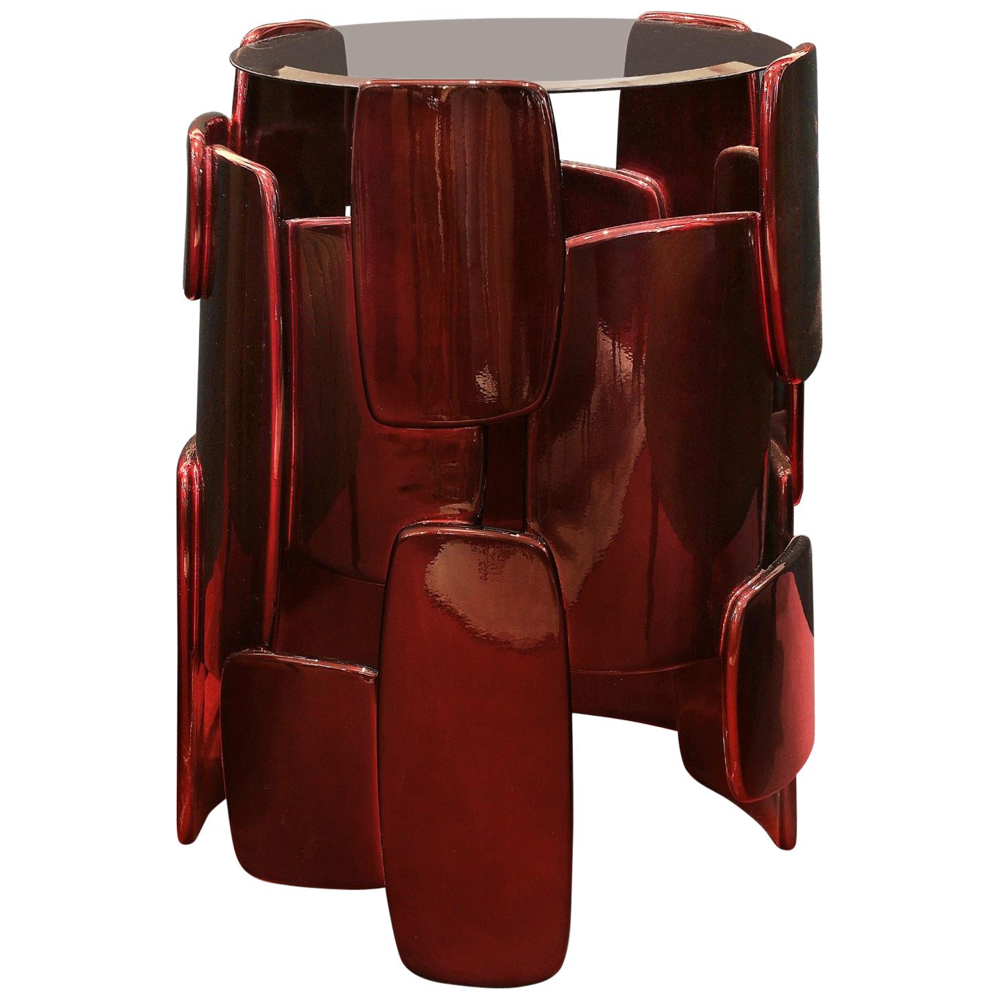 Goroka Side Table in Silver Leaf with Red and Black Gloss For Sale