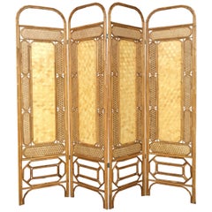 Midcentury Rattan Room Divider or Screen Four-Fold Screen, Split Bamboo