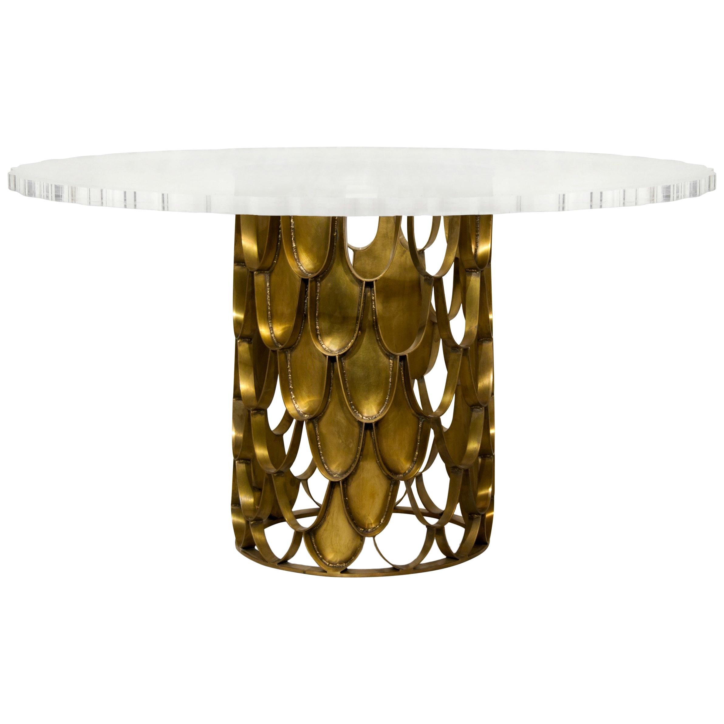 Koi Dining Table in Brass with Round Acrylic Top by Brabbu For Sale