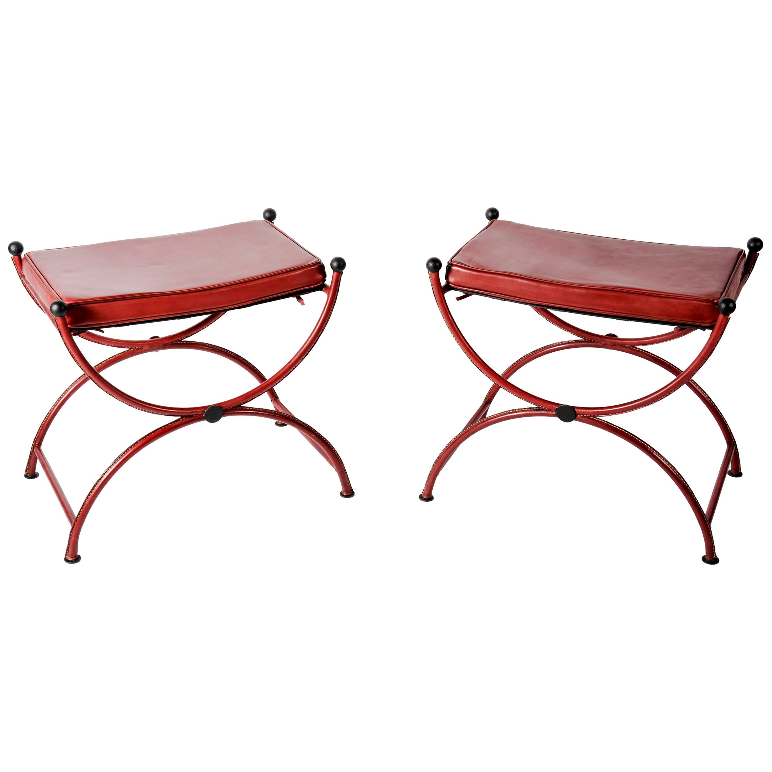 Pair of Neoclassical Stools in Stitched Leather by Jacques Adnet