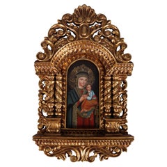 Vintage Italian Carved and Gilt Hand-Painted "Our Lady of Perpetual Help" Retablo