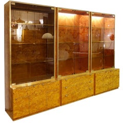 Three Modular Burl Wood and Brass Illuminated Display Cabinet by Willy Rizzo