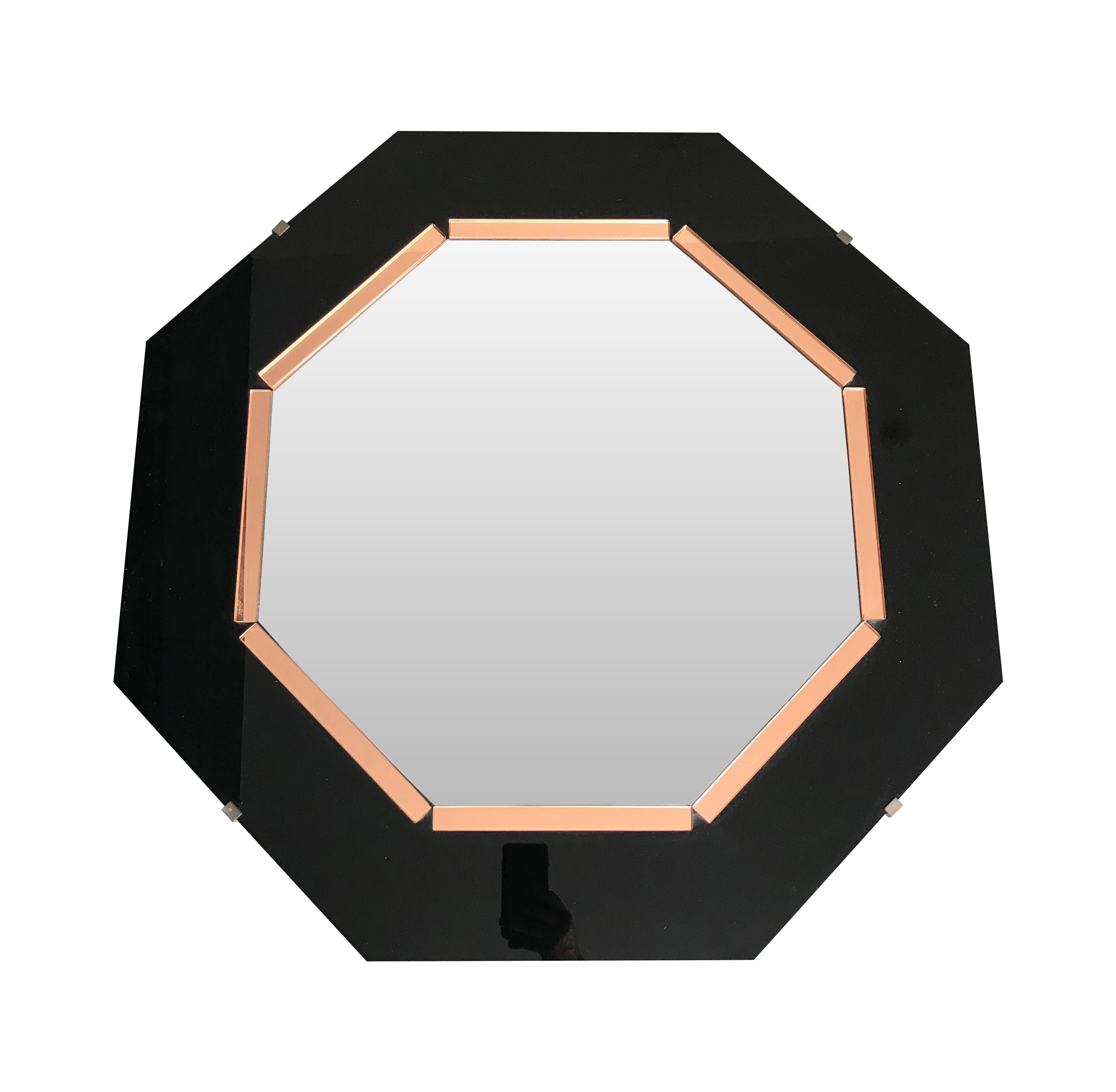 Black Glass and Rose Mirror  Art Deco Style Octagonal Mirror