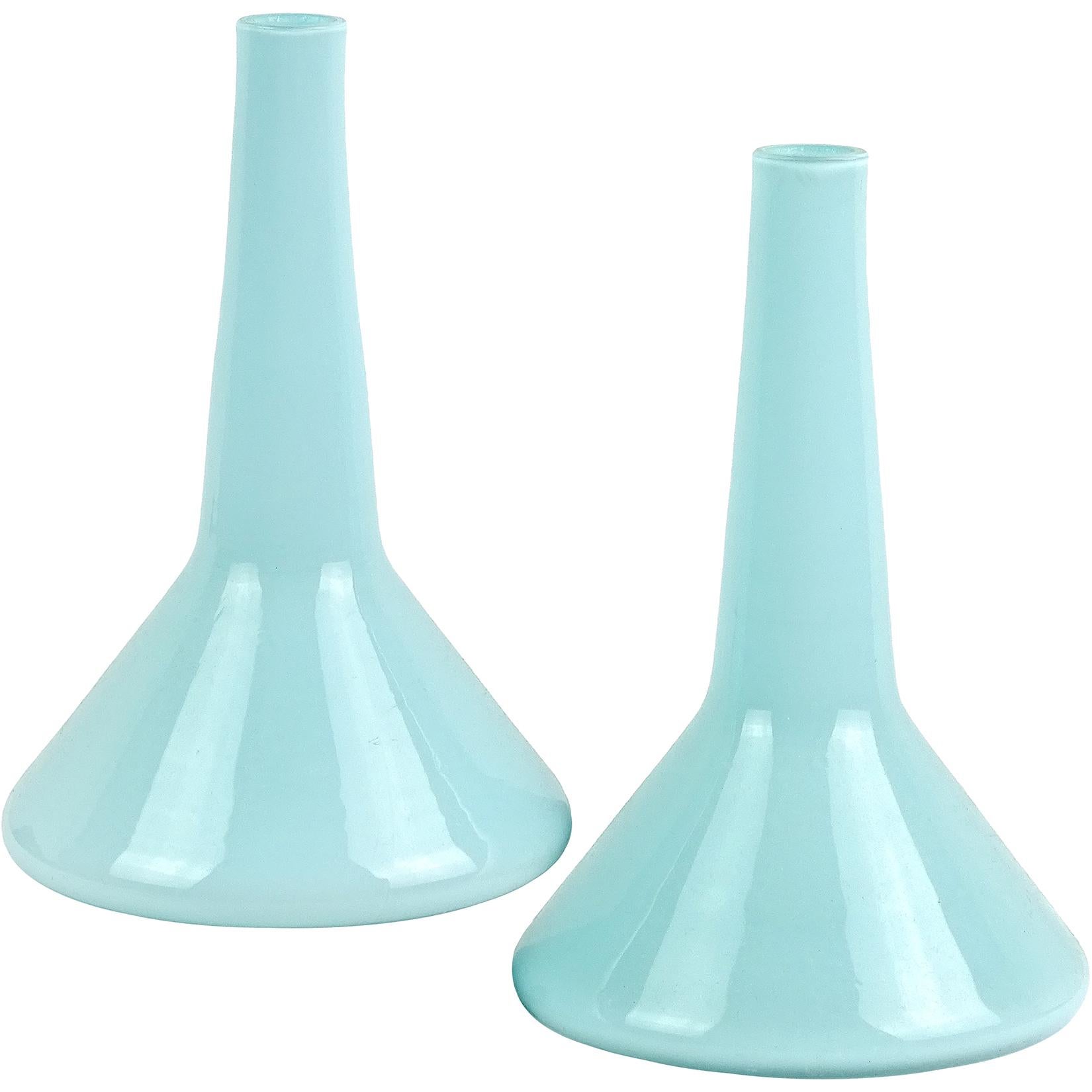 Fratelli Toso Murano Light Blue Italian Art Glass Beaker Shaped Flower Vases