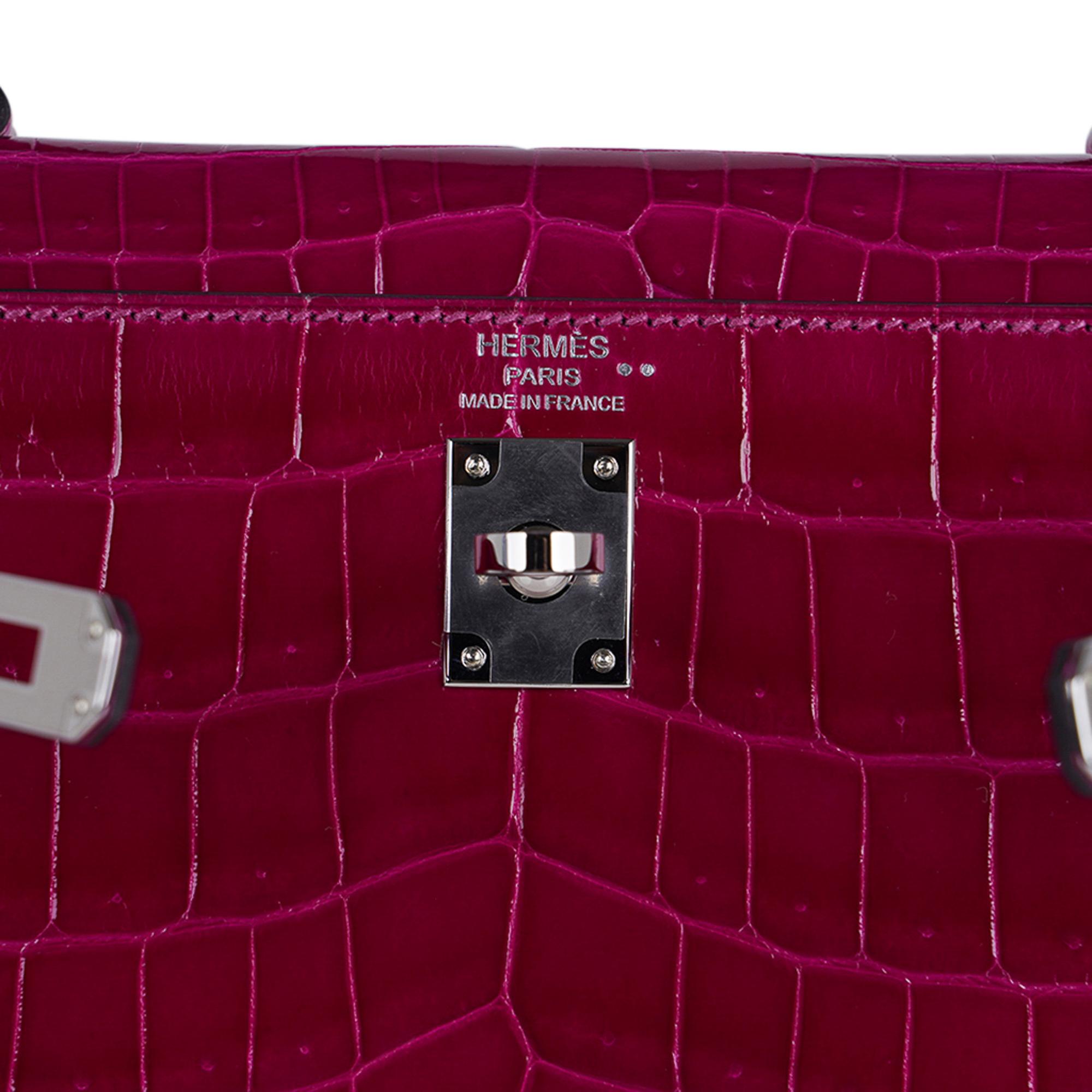 Sac Hermès Kelly 25 Sellier Rose Pourpre en cuir de crocodile avec accessoires en palladium 5