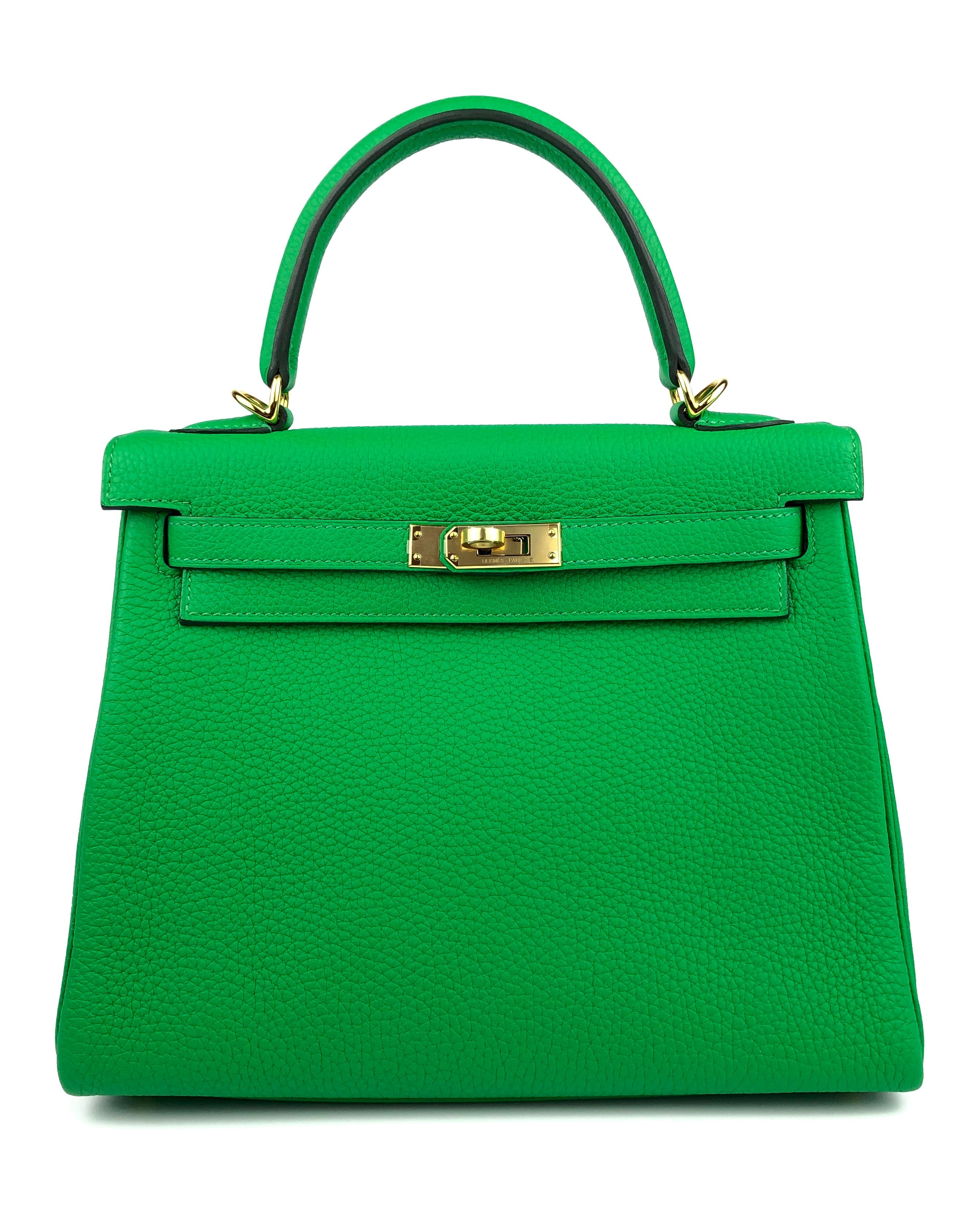 Stunning As New Hermes Kelly 25 Bamboo Green Togo Leather Gold Hardware. Y Stamp 2020. 

Shop with Confidence from Lux Addicts. Authenticity Guaranteed! 

Lux Addicts is a Premier Luxury Dealer and one of the most trusted sellers in the luxury