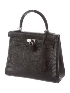 Hermes Kelly 25 Black Lizard Exotic Palladium Top Handle Tote Shoulder Bag W/Box