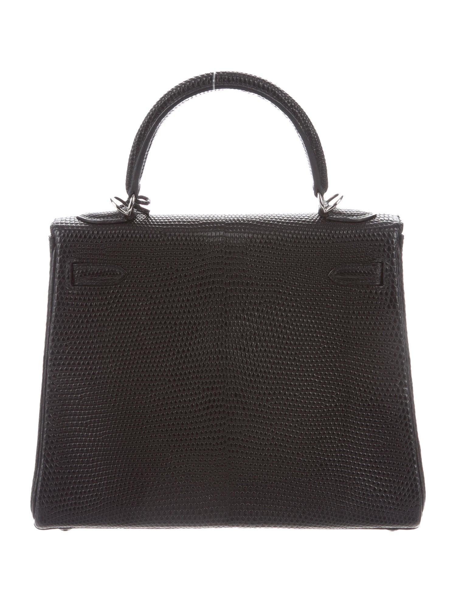 Hermes Kelly 25 Black Lizard Exotic Palladium Top Handle Tote Shoulder Bag W/Box In Good Condition In Chicago, IL