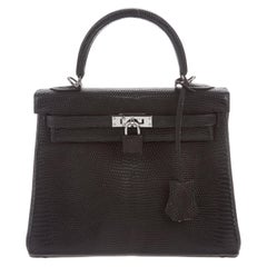 Hermes Kelly 25 Schwarz Eidechse Exotische Palladium Top Handle Tote Umhängetasche W/Box