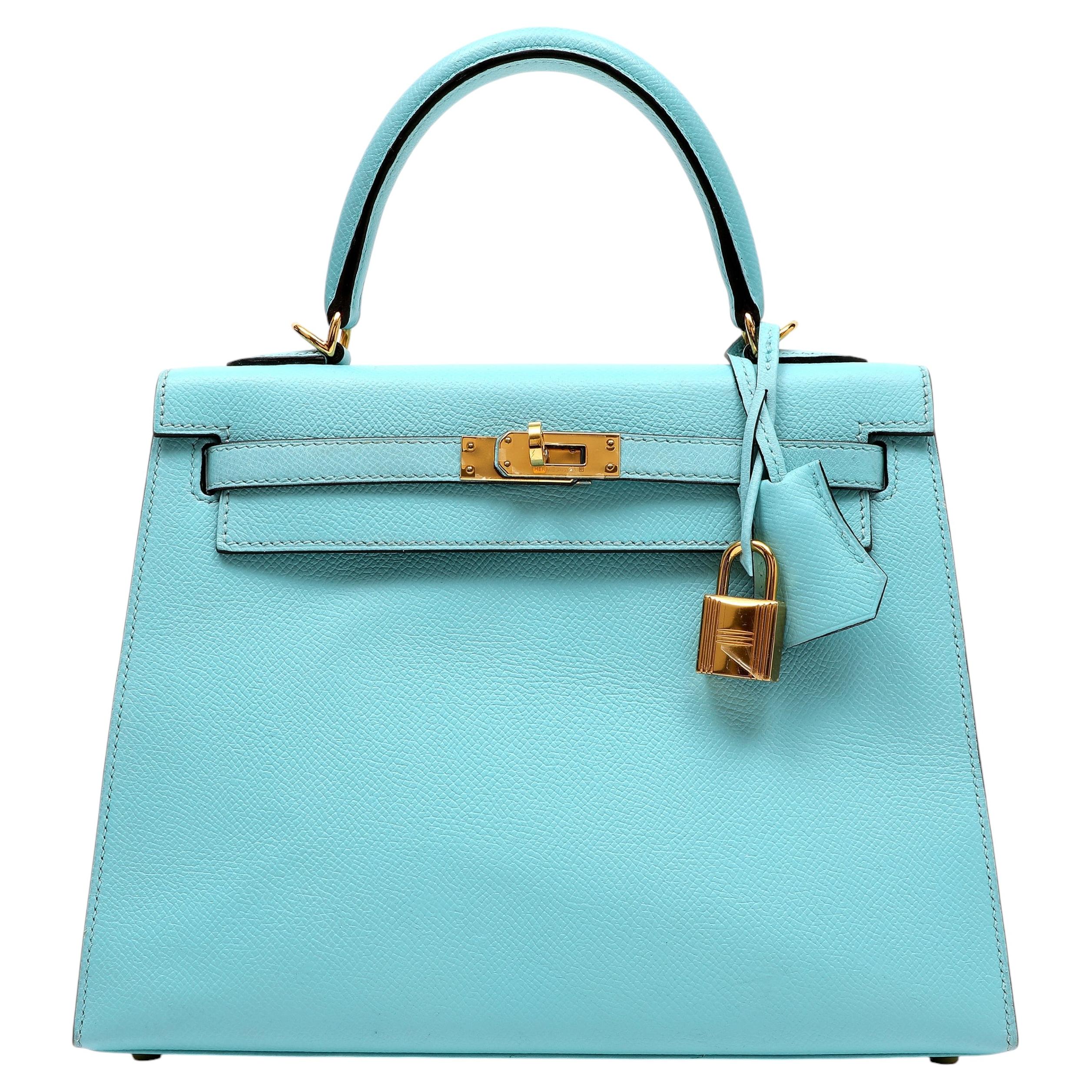 Hermes Kelly 25 Blue Atoll Epsom w/Gold Hardware For Sale