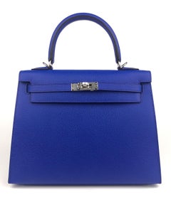 Hermes Kelly 25 Blue Bleu Royal Sellier Shoulder Bag Palladium Hardware 2022 NEW