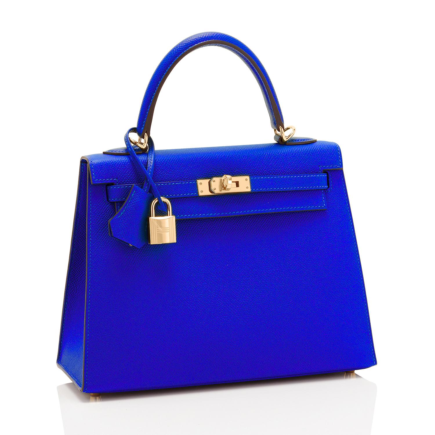 Hermes Kelly 25cm Blue Electric Epsom Sellier Gold Hardware NEW RARE
Brand New in Box. Store Fresh. Pristine Condition (with plastic on hardware). 
Perfect gift!  Comes full set with keys, lock, clochette, shoulder strap, sleeper, rain protector,
