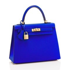 Hermes Kelly 25 Blue Electric Epsom Gold Sellier Shoulder Bag NEW ULTRA RARE