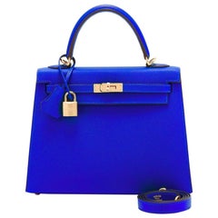 Hermes Kelly 25 Blau Electric Epsom Gold Sellier Umhängetasche NEU ULTRA RARE